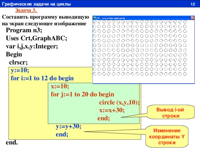 Графические задачи на циклы  12 Задача 3. Составить программу выводящую на экран следующее изображение Program n3; Uses Crt,GraphABC; var i,j,x,y:Integer; Begin  clrscr;  y:=10;  for i:=1 to 12 do begin  x:=10;  for j:=1 to 20 do begin  circle (x,y,10);  x:=x+30;  end;  y:=y+30;    end; end. Вывод i-ой строки Изменение координаты Y строки 