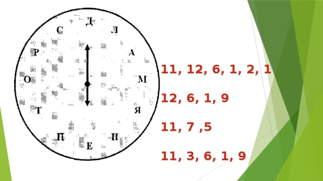11, 12, 6, 1, 2, 1  12, 6, 1, 9  11, 7 ,5  11, 3, 6, 1, 9