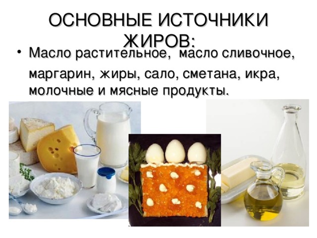 ОСНОВНЫЕ ИСТОЧНИКИ ЖИРОВ: Масло растительное, масло сливочное,  маргарин, жиры, сало, сметана, икра, молочные и мясные продукты. 