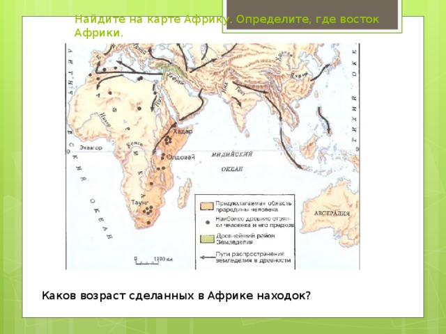 Найдите на карте Африку. Определите, где восток Африки. Каков возраст сделанных в Африке находок? 