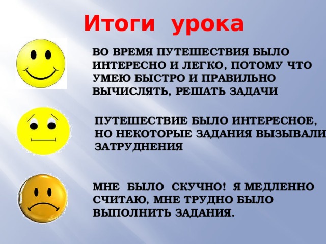 Итоги урока ВО ВРЕМЯ ПУТЕШЕСТВИЯ БЫЛО ИНТЕРЕСНО И ЛЕГКО, ПОТОМУ ЧТО УМЕЮ БЫСТРО И ПРАВИЛЬНО ВЫЧИСЛЯТЬ, РЕШАТЬ ЗАДАЧИ  ПУТЕШЕСТВИЕ БЫЛО ИНТЕРЕСНОЕ, НО НЕКОТОРЫЕ ЗАДАНИЯ ВЫЗЫВАЛИ ЗАТРУДНЕНИЯ МНЕ БЫЛО СКУЧНО! Я МЕДЛЕННО СЧИТАЮ, МНЕ ТРУДНО БЫЛО ВЫПОЛНИТЬ ЗАДАНИЯ. 