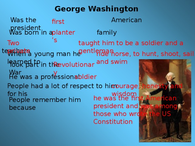 Choose the right version 1. The war of Independence began in … a) 1775 b) 1785 c) 1875 2. The war of Independence ended in …… a) 1780 b) 1783 c) 1873 3. The Constitution was written in …. c) Philadelphia b) Washington a) New York 4. The Civil war lasted for ……. years. c) five a) three b) four 5. All together there are ……… amendments to the Constitution. c) thirty-six b) twenty-six a) twenty 6. The US President’s term is ……… b) 4 years c) 6 years a) 2 years 
