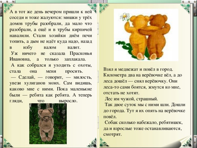А в тот же день вечером пришли к ней соседи и тоже жалуются: мишки у трёх домов трубы разобрали, да мало что разобрали, а ещё и в трубы кирпичей навалили. Стали хозяйки днём печи топить, а дым не идёт куда надо, назад в избу валом валит.   Уж ничего не сказала Прасковья Ивановна, а только заплакала.   А как собрался я уходить с охоты, стала она меня просить.   — Сделай, — говорит, — милость, увези хулиганов моих. Сам видишь, каково мне с ними. Пока маленькие были — ребята как ребята. А теперь гляди, что выросло.    Взял я медвежат и повёл в город. Километра два на верёвочке вёл, а до леса дошёл — снял верёвочку. Они леса-то сами боятся, жмутся ко мне, отстать не хотят.   Лес им чужой, страшный.   Так двое суток мы с ними шли. Дошли до города. Тут я их опять на верёвочке повёл.   Собак сколько набежало, ребятишек, да и взрослые тоже останавливаются, смотрят.   