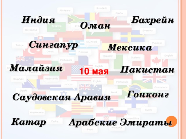        Индия Бахрейн Оман Сингапур Мексика Малайзия Пакистан 10 мая  Гонконг Саудовская Аравия Катар Арабские Эмираты 