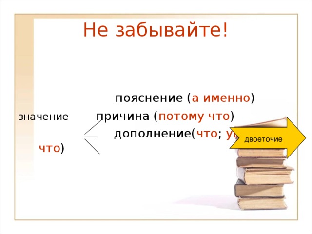 Не забывайте!   пояснение ( а именно ) значение причина ( потому что )  дополнение( что ; увидел, что ) двоеточие 