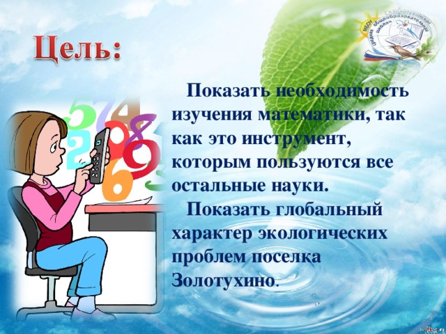 Показать необходимость изучения математики, так как это инструмент, которым пользуются все остальные науки.  Показать глобальный характер экологических проблем поселка Золотухино .   