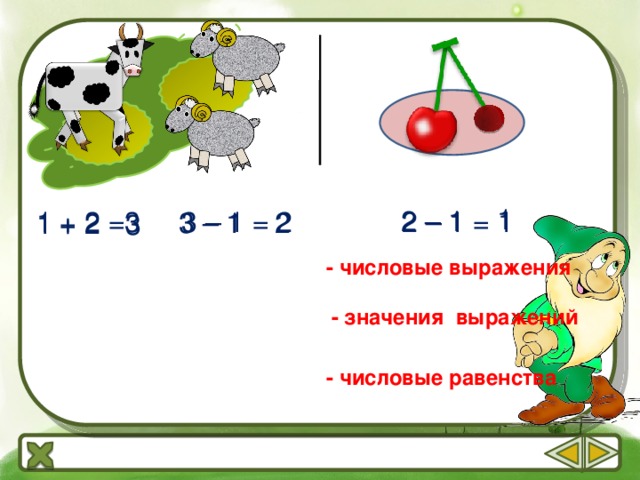 1 2 – 1 3 – 1 = 2 2 – 1 = 1 1 + 2 =3 3 – 1  2 1 + 2 3 - числовые выражения - значения выражений - числовые равенства 