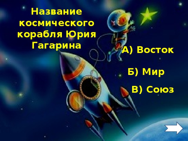 Название космического корабля Юрия Гагарина А) Восток Б) Мир В) Союз 