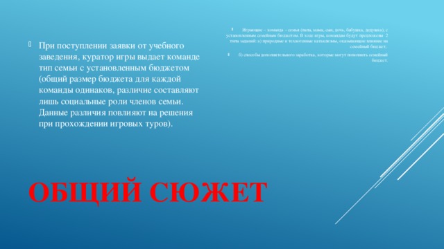 При поступлении заявки от учебного заведения, куратор игры выдает команде тип семьи с установленным бюджетом (общий размер бюджета для каждой команды одинаков, различие составляют лишь социальные роли членов семьи. Данные различия повлияют на решения при прохождении игровых туров). Играющие – команда – семья (папа, мама, сын, дочь, бабушка, дедушка), с установленным семейным бюджетом. В ходе игры, командам будут предложены 2 типа заданий: а) природные и техногенные катаклизмы, оказывающие влияние на семейный бюджет; б) способы дополнительного заработка, которые могут пополнить семейный бюджет. Общий сюжет 