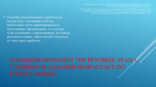 Суть игры заключается в том, как оптимальней скорректировать семейный бюджет, с учетом форс- мажорной ситуации (природным или техногенным катаклизмом). Форс- мажорная ситуация определяется для команды путем вытягивания капитаном команды листочка с указанной ситуацией, объявления её для жюри. Затем дается время на корректировку семейного бюджета и демонстрация откорректированного бюджета на демонстрационном стенде. Способы дополнительного заработка не всегда будут законными, поэтому необходимо уметь ориентироваться в поступающих предложениях, а в случаях, если согласились с предложением, но сумели разглядеть подвох, найти способ отказаться от этого вида заработка. Команды проходят три игровых этапа. Сложность заданий возрастает по нарастающей. 