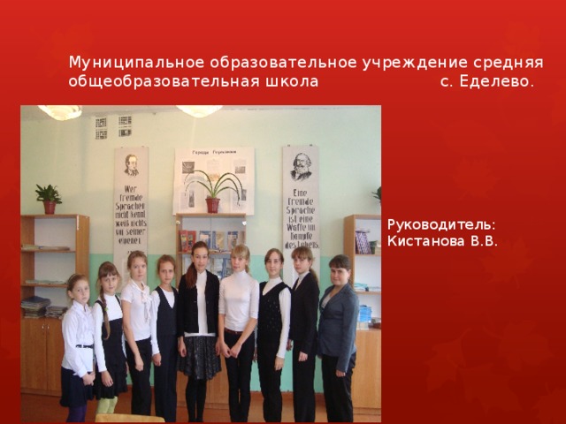 Муниципальное образовательное учреждение средняя общеобразовательная школа      с. Еделево. Руководитель: Кистанова В.В. 