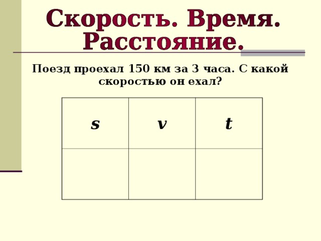 Поезд проехал 150 км за 3 часа. С какой скоростью он ехал? s v t