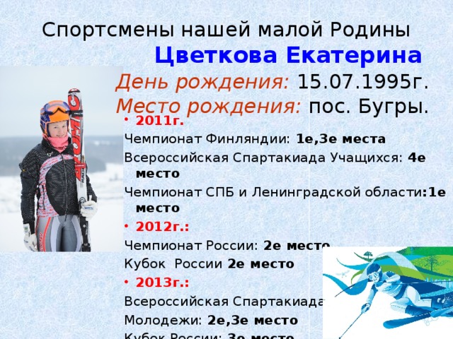Спортсмены нашей малой Родины   Цветкова Екатерина День рождения: 15.07.1995г. Место рождения: пос. Бугры. 2011г. Чемпионат Финляндии: 1е,3е места Всероссийская Спартакиада Учащихся: 4е место Чемпионат СПБ и Ленинградской области :1е место 2012г.: Чемпионат России: 2е место Кубок России 2е место 2013г.: Всероссийская Спартакиада Молодежи: 2е,3е место Кубок России: 3е место. 