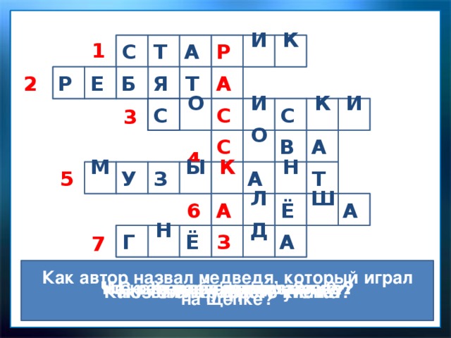  1  К И Р  А С 1   Т     Т Я Р Е       А  2   Б 2   К    С О И С  И  С   3  3  А  В О С      4  4 У З Ы М А 5  К   Т  Н      5      Ш А   Л А  Ё 6 6 З  Н Ё А Д Г 7        7  Как автор назвал медведя, который играл на щепке? С кем поругался старик? На кого рассердилась сова? Что разоряли мыши на лугу? Кто обежал утят? Как звали храброго утёнка? Что хотела украсть киска? 