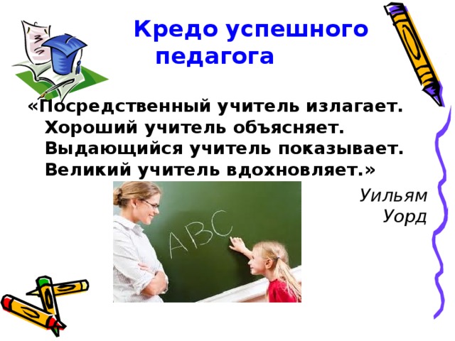  Кредо успешного педагога «Посредственный учитель излагает. Хороший учитель объясняет. Выдающийся учитель показывает. Великий учитель вдохновляет.»  Уильям Уорд 