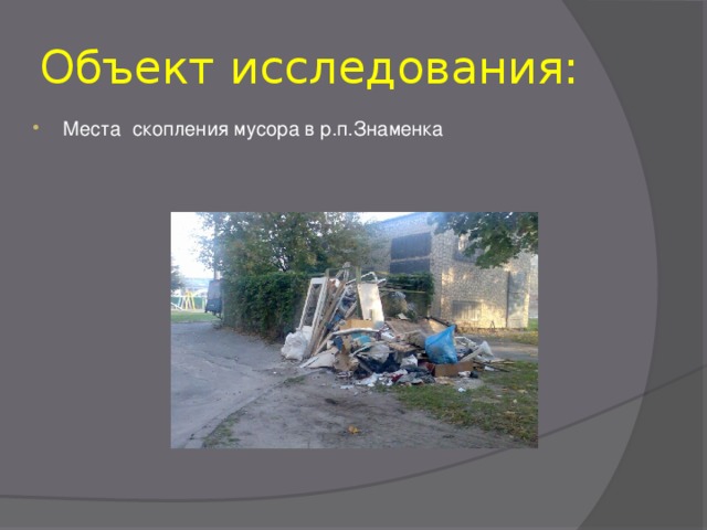 Объект исследования: Места скопления мусора в р.п.Знаменка 