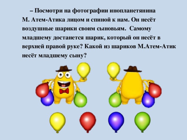 – Посмотри на фотографии инопланетянина  М. Атем-Атика лицом и спиной к нам. Он несёт  воздушные шарики своим сыновьям. Самому  младшему достанется шарик, который он несёт в  верхней правой руке? Какой из шариков М.Атем-Атик  несёт младшему сыну?
