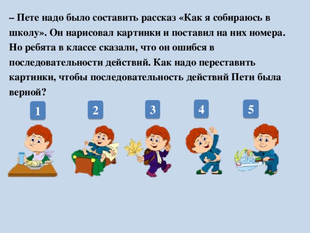 – Пете надо было составить рассказ «Как я собираюсь в школу». Он нарисовал картинки и поставил на них номера. Но ребята в классе сказали, что он ошибся в последовательности действий. Как надо переставить картинки, чтобы последовательность действий Пети была верной? 4 5 3 2 1