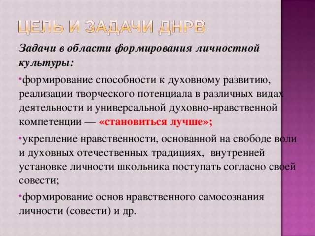 Задачи в области формирования личностной культуры: формирование способности к духовному развитию, реализации творческого потенциала в различных видах деятельности и универсальной духовно-нравственной компетенции — «становиться лучше»; укрепление нравственности, основанной на свободе воли и духовных отечественных традициях, внутренней установке личности школьника поступать согласно своей совести; формирование основ нравственного самосознания личности (совести) и др. 