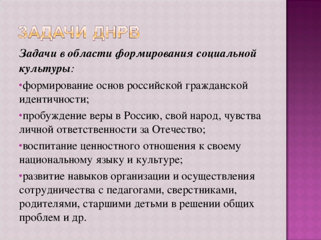 Задачи в области формирования социальной культуры : формирование основ российской гражданской идентичности; пробуждение веры в Россию, свой народ, чувства личной ответственности за Отечество; воспитание ценностного отношения к своему национальному языку и культуре; развитие навыков организации и осуществления сотрудничества с педагогами, сверстниками, родителями, старшими детьми в решении общих проблем и др. 