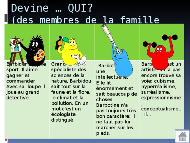 Devine … QUI?  (des membres de la famille Barbapapa) Barbidur aime le sport. Il aime gagner et commander. Avec sa loupe il joue au grand détective. Grand spécialiste des sciences de la nature, Barbidou sait tout sur la faune et la flore, le climat et la pollution. En un mot c'est un écologiste distingué.  Barbotine est une intellectuelle. Elle lit énormément et sait beaucoup de choses. Barbotine n'a pas toujours très bon caractère: il ne faut pas lui marcher sur les pieds. Barbouille est un artiste. Il n'a pas encore trouvé sa voie: cubisme, hyperréalisme, surréalisme, expressionnisme, conceptualisme... Il. .
