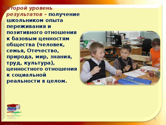 Второй уровень результатов – получение школьником опыта переживания и позитивного отношения к базовым ценностям общества (человек, семья, Отечество, природа, мир, знания, труд, культура), ценностного отношения к социальной реальности в целом.