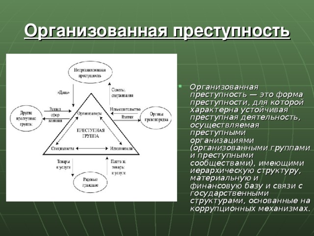 Организованная преступность Организованная преступность — это форма преступности, для которой характерна устойчивая преступная деятельность, осуществляемая преступными организациями (организованными группами и преступными сообществами), имеющими иерархическую структуру, материальную и финансовую базу и связи с государственными структурами, основанные на коррупционных механизмах. 