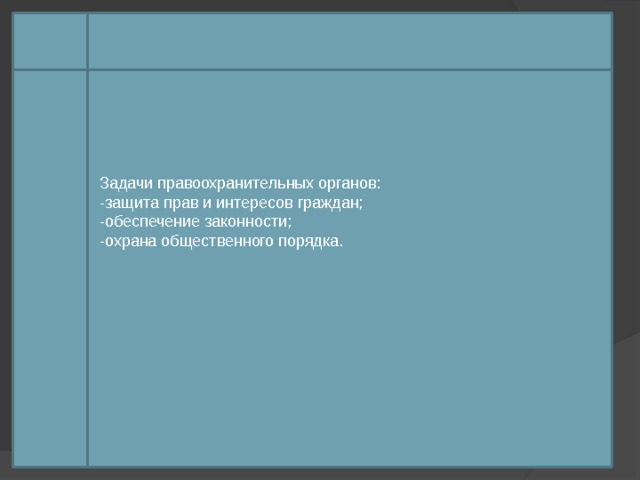 Задачи правоохранительных органов: -защита прав и интересов граждан; -обеспечение законности; -охрана общественного порядка. 