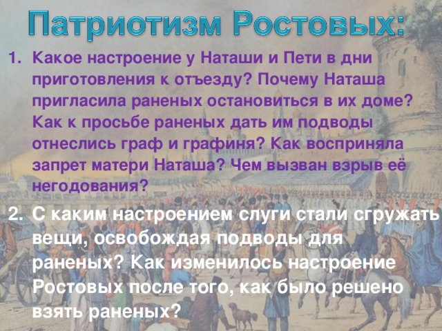 Какое настроение у Наташи и Пети в дни приготовления к отъезду? Почему Наташа пригласила раненых остановиться в их доме? Как к просьбе раненых дать им подводы отнеслись граф и графиня? Как восприняла запрет матери Наташа? Чем вызван взрыв её негодования? С каким настроением слуги стали сгружать вещи, освобождая подводы для раненых? Как изменилось настроение Ростовых после того, как было решено взять раненых?    