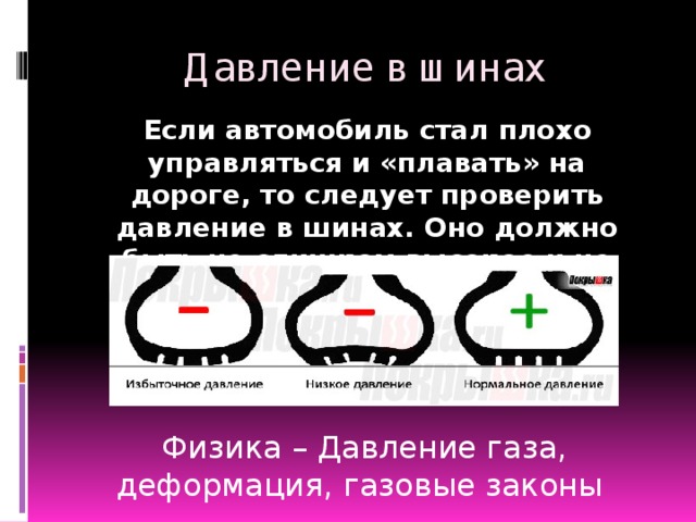 Давление в шинах Если автомобиль стал плохо управляться и «плавать» на дороге, то следует проверить давление в шинах. Оно должно быть не слишком высокое и не слишком низкое Физика – Давление газа, деформация, газовые законы  