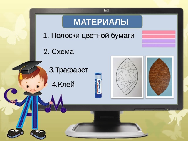 МАТЕРИАЛЫ 1. Полоски цветной бумаги 2. Схема 3.Трафарет 4.Клей 