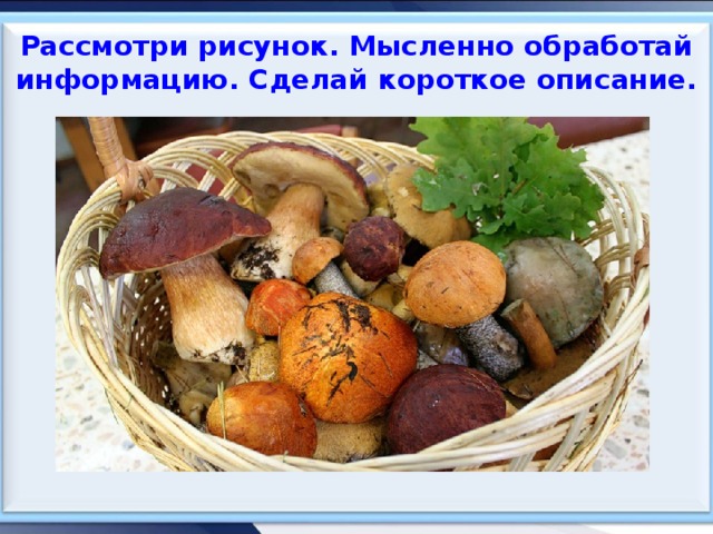 Рассмотри рисунок. Мысленно обработай информацию. Сделай короткое описание.