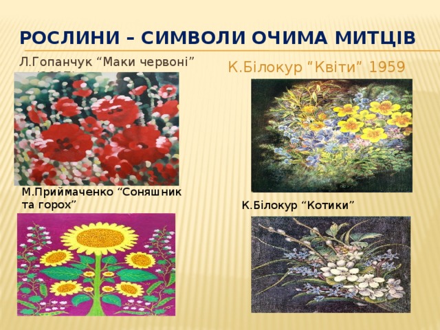 Рослини – символи очима митців Л.Гопанчук “Маки червоні” (2007) К.Білокур “Квіти” 1959 М.Приймаченко “Соняшник та горох” К.Білокур “Котики” 