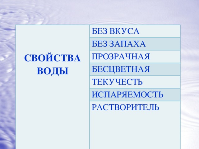   БЕЗ ВКУСА СВОЙСТВА ВОДЫ БЕЗ ЗАПАХА ПРОЗРАЧНАЯ БЕСЦВЕТНАЯ ТЕКУЧЕСТЬ ИСПАРЯЕМОСТЬ РАСТВОРИТЕЛЬ 