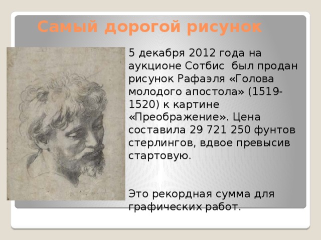 Самый дорогой рисунок 5 декабря 2012 года на аукционе Сотбис  был продан рисунок Рафаэля «Голова молодого апостола» (1519-1520) к картине «Преображение». Цена составила 29 721 250 фунтов стерлингов, вдвое превысив стартовую. Это рекордная сумма для графических работ. 