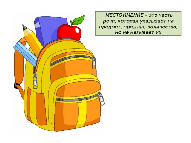   МЕСТОИМЕНИЕ – это часть речи, которая указывает на предмет, признак, количество, но не называет их
