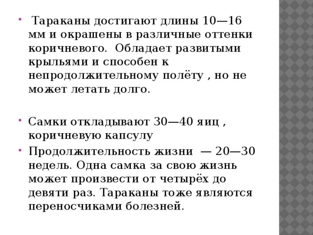   Тараканы достигают длины 10—16 мм и окрашены в различные оттенки коричневого. Обладает развитыми крыльями и способен к непродолжительному полёту , но не может летать долго. Самки откладывают 30—40 яиц , коричневую капсулу Продолжительность жизни — 20—30 недель. Одна самка за свою жизнь может произвести от четырёх до девяти раз. Тараканы тоже являются переносчиками болезней. 