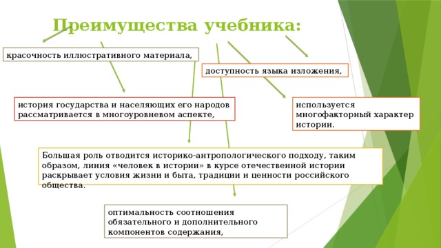 Преимущества учебника: красочность иллюстративного материала, доступность языка изложения, история государства и населяющих его народов рассматривается в многоуровневом аспекте, используется многофакторный характер истории. Большая роль отводится историко-антропологического подходу, таким образом, линия «человек в истории» в курсе отечественной истории раскрывает условия жизни и быта, традиции и ценности российского общества. оптимальность соотношения обязательного и дополнительного компонентов содержания, 