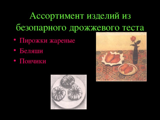 Ассортимент изделий из безопарного дрожжевого теста Пирожки жареные Беляши Пончики 
