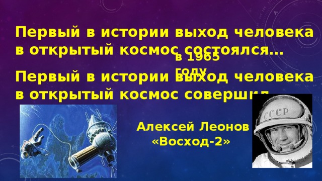 Первый в истории выход человека в открытый космос состоялся…  в 1965 году Первый в истории выход человека в открытый космос совершил… Алексей Леонов «Восход-2» 