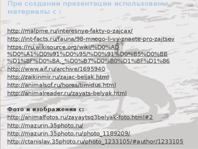 При создании презентации использованы материалы с : http://malpme.ru/interesnye-fakty-o-zajcax/ http://int-facts.ru/fauna/98-mnogo-li-vy-znaete-pro-zajtsev https://ru.wikisource.org/wiki/%D0%AD%D0%A1%D0%91%D0%95/%D0%91%D0%B5%D0%BB%D1%8F%D0%BA,_%D0%B7%D0%B0%D1%8F%D1%86 http://www.aif.ru/archive/1695940 http://zaikinmir.ru/zajac-beljak.html http://animalsof.ru/hores/timidus.html http://animalreader.ru/zayats-belyak.html  Фото и изображения с: http://animalfotos.ru/zayaytsq3belyak-foto.html#2 http://mazurin.35photo.ru/ http://mazurin.35photo.ru/photo_1189209/ http://ctanislav.35photo.ru/photo_1233105/#author/1233105 