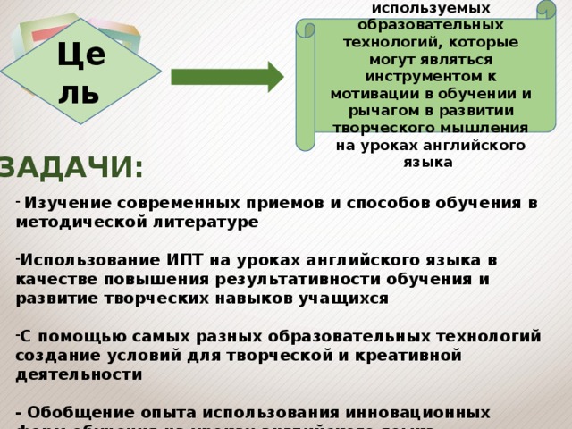 Выявить возможности используемых образовательных технологий, которые могут являться инструментом к мотивации в обучении и рычагом в развитии творческого мышления на уроках английского языка Цель  ЗАДАЧИ:  Изучение современных приемов и способов обучения в методической литературе  Использование ИПТ на уроках английского языка в качестве повышения результативности обучения и развитие творческих навыков учащихся  С помощью самых разных образовательных технологий создание условий для творческой и креативной деятельности  - Обобщение опыта использования инновационных форм обучения на уроках английского языка 
