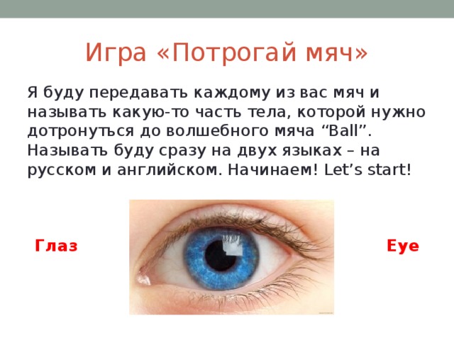 Игра «Потрогай мяч» Я буду передавать каждому из вас мяч и называть какую-то часть тела, которой нужно дотронуться до волшебного мяча “Ball”. Называть буду сразу на двух языках – на русском и английском. Начинаем! Let’s start! Глаз Eye 