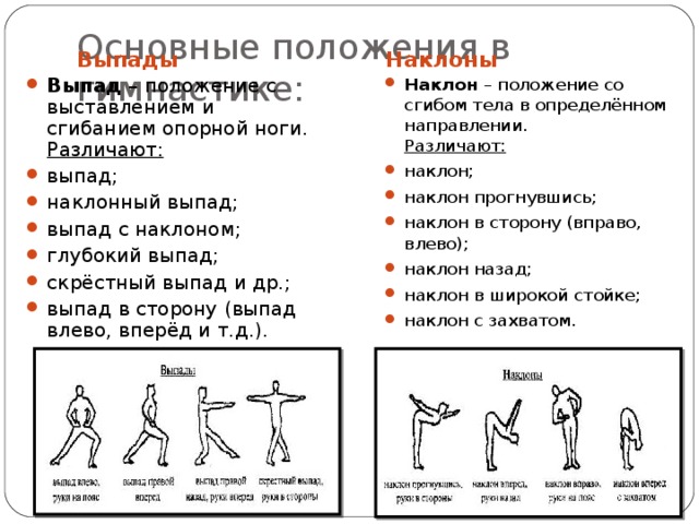 Основные положения в гимнастике: Выпады Наклоны Выпад  – положение с выставлением и сгибанием опорной ноги.   Различают: выпад; наклонный выпад; выпад с наклоном; глубокий выпад; скрёстный выпад и др.; выпад в сторону (выпад влево, вперёд и т.д.).  Наклон  – положение со сгибом тела в определённом направлении.  Различают: наклон; наклон прогнувшись; наклон в сторону (вправо, влево); наклон назад; наклон в широкой стойке; наклон с захватом. 