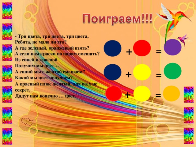 - Три цвета, три цвета, три цвета, Ребята, не мало ли это? А где зеленый, оранжевый взять? А если нам краски по парам смешать? Из синей и красной Получим мы цвет… + = + = А синий мы с желтой смешаем? Какой мы цвет получаем? А красный плюс желтый, для всех не секрет, Дадут нам конечно … цвет. + = 