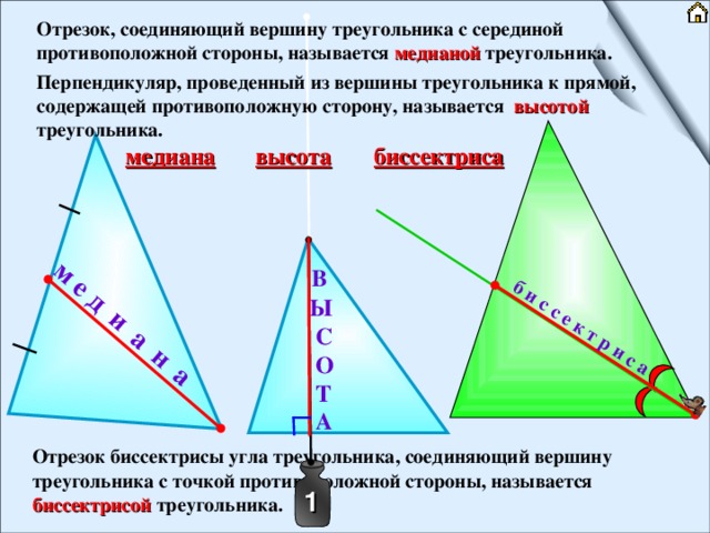 1 м е д и а н а б и с с е к т р и с а Отрезок, соединяющий вершину треугольника с серединой противоположной стороны, называется медианой  треугольника. Перпендикуляр, проведенный из вершины треугольника к прямой, содержащей противоположную сторону, называется высотой  треугольника. биссектриса высота медиана  В  Ы  С  О  Т  А  Отрезок биссектрисы угла треугольника, соединяющий вершину треугольника с точкой противоположной стороны, называется биссектрисой  треугольника. 1 