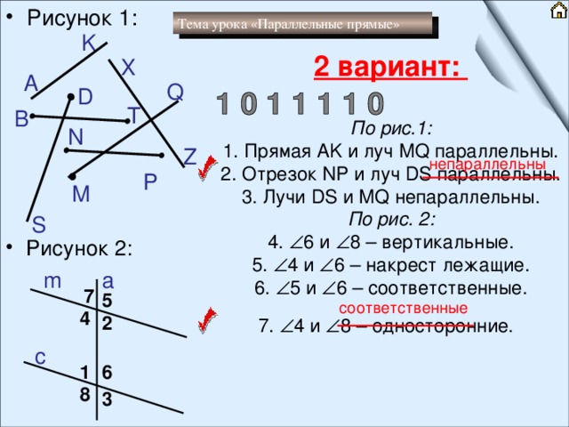 Рисунок 1: 2 вариант:   По рис.1:  1. Прямая AK и луч MQ параллельны.  2. Отрезок NP и луч DS параллельны.  3. Лучи DS и MQ непараллельны.  По рис. 2:  4.  6 и  8 – вертикальные.  5.  4 и  6 – накрест лежащие.  6.  5 и  6 – соответственные.  7.  4 и  8 – односторонние.  Тема урока «Параллельные прямые» K X A Q D T B N Z непараллельны P M S Рисунок 2: a m 7 5 соответственные 4 2 c 1 6 8 3 