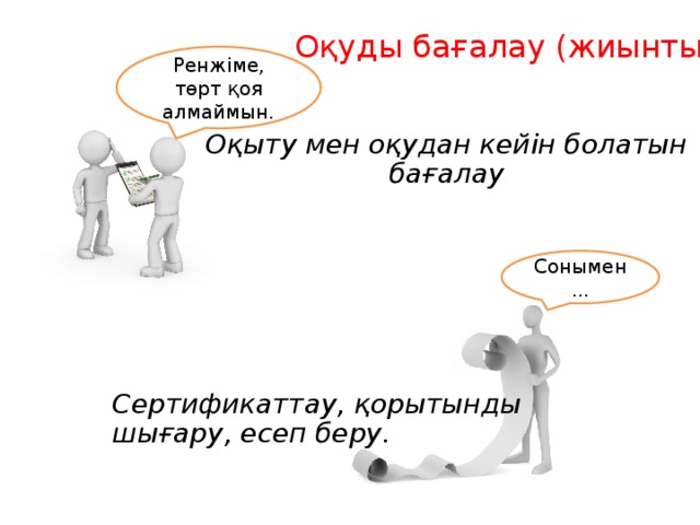 Оқуды бағалау (жиынтық) Ренжіме, төрт қоя алмаймын. Оқыту мен оқудан кейін болатын бағалау Сонымен... Сертификаттау, қорытынды шығару, есеп беру. 