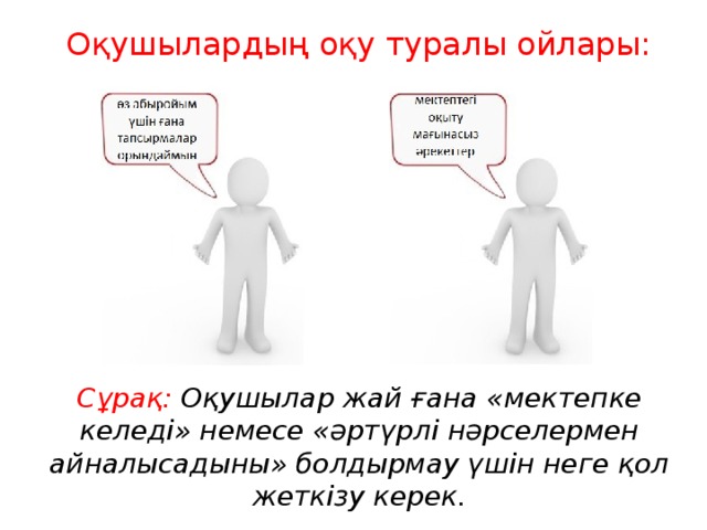 Оқушылардың оқу туралы ойлары: Сұрақ: Оқушылар жай ғана «мектепке келеді» немесе «әртүрлі нәрселермен айналысадыны» болдырмау үшін неге қол жеткізу керек. 
