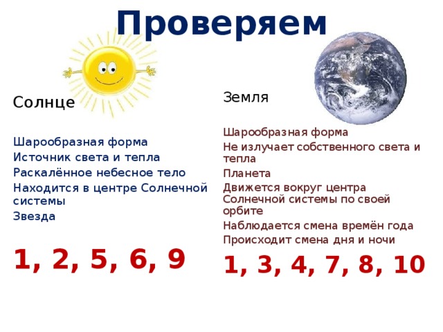 Проверяем   Земля Шарообразная форма Не излучает собственного света и тепла Планета Движется вокруг центра Солнечной системы по своей орбите Наблюдается смена времён года Происходит смена дня и ночи 1, 3, 4, 7, 8, 10  Солнце Шарообразная форма Источник света и тепла Раскалённое небесное тело Находится в центре Солнечной системы Звезда 1, 2, 5, 6, 9